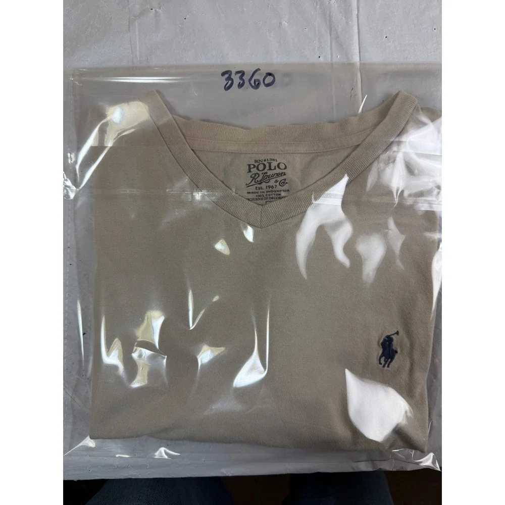 Polo Ralph Lauren Mens V-Neck T-Shirt Tan Beige Cotton Pony Logo Size M 3360